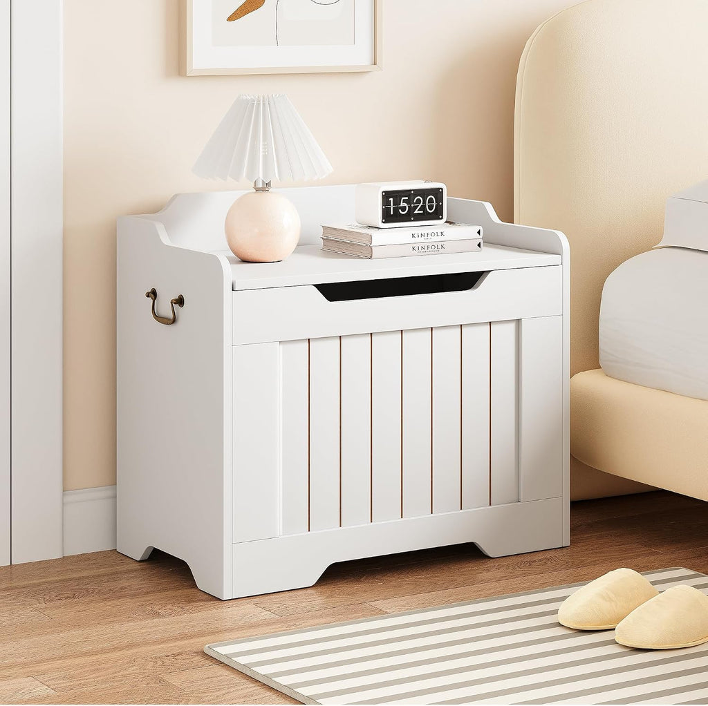 Garvee Storage Chest, 24.8" Wooden Storage Bench with Safety Hinge, Flip Top Blanket Chest Trunks, Supports 350 Lb, for Entryway, Living Room, Bedroom, White