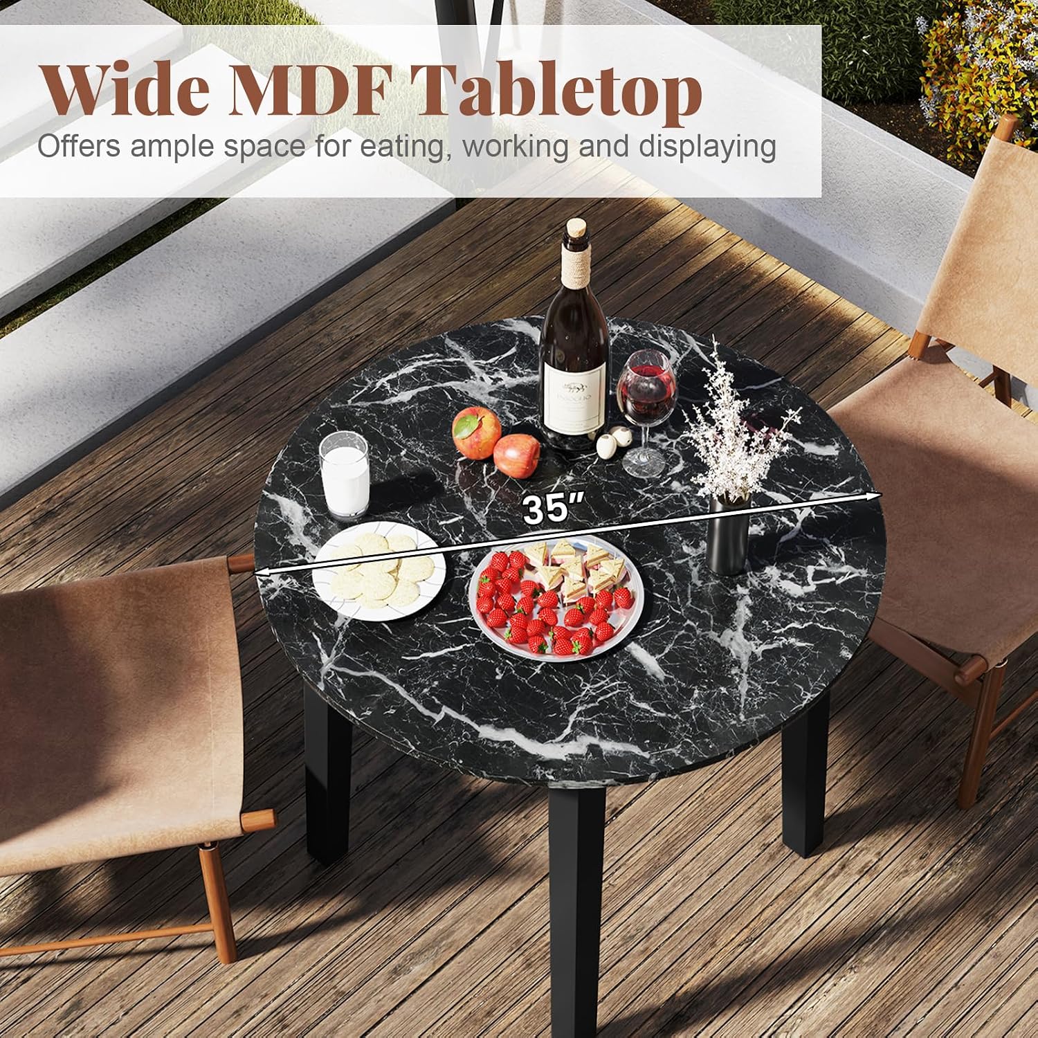 Giantex 35” Round Dining Table with Rubber Wood Legs, Marble-Textured Veneer Tabletop, Leisure Kitchen Table for 2 to 4 Person, Dinette, Living Room, Black