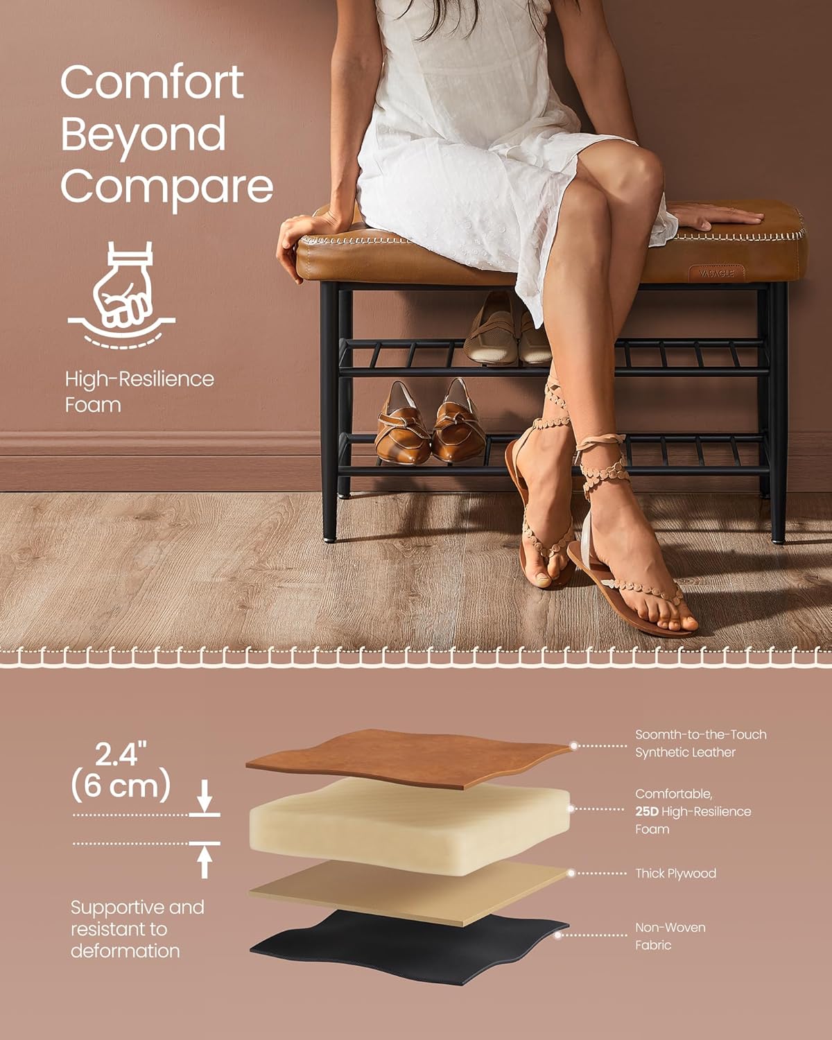 VASAGLE EKHO Collection - Shoe Rack Bench, Storage Bench for Entryway, Synthetic Leather with Stitching, Mid-Century Modern, Loads 300 lb, 11.8 x 31.5 x 19.7 Inches, Caramel Brown ULSB054K01