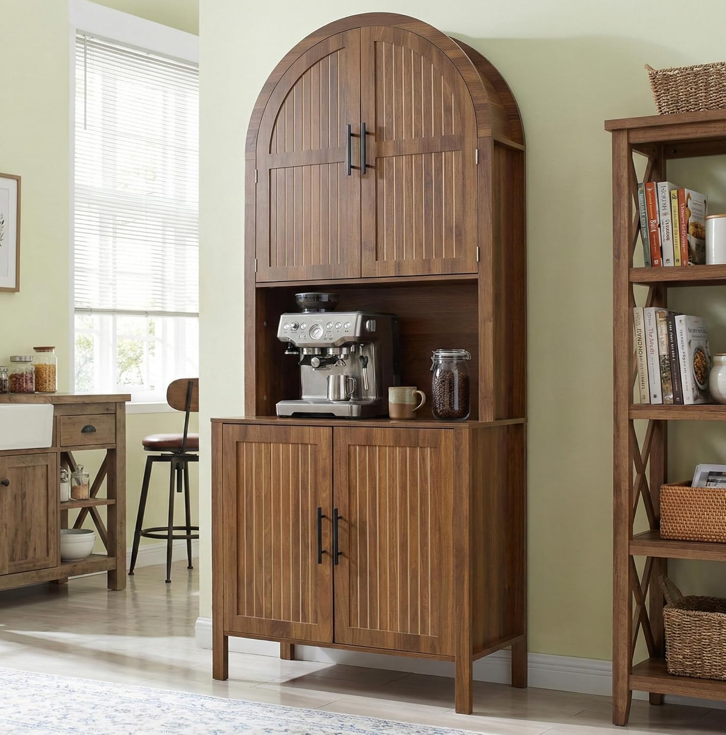76" Tall Arched Kitchen Pantry,Large Storage Cupboard with Fluted Doors,Microwave Shelf,Modern Wooden Buffet Sideboard,Adjustable Shelves,Cabinet for Dining,Living Room,Walnut