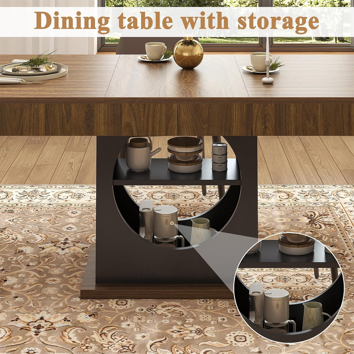Dining Table for 4-6 People, 55 Inches Dinner Table with Drawers and Open Storage, Wooden Pedestal Base, Rectangular Farmhouse Kitchen Table for Kitchen, Living Room