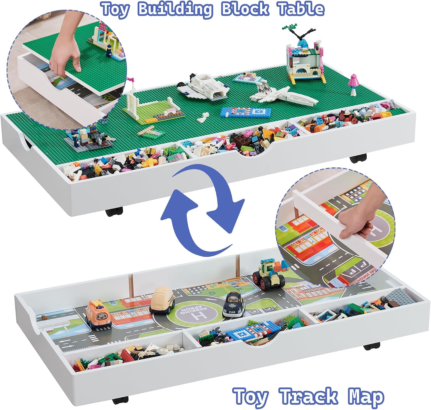 3 in 1 Construction Play Table Compatible with Lego, Game Table with Block Board and Train Car, Rolling Game Table with Locking Wheels and Storage Space, Suitable for Storing Under Bed or Sofa (White)