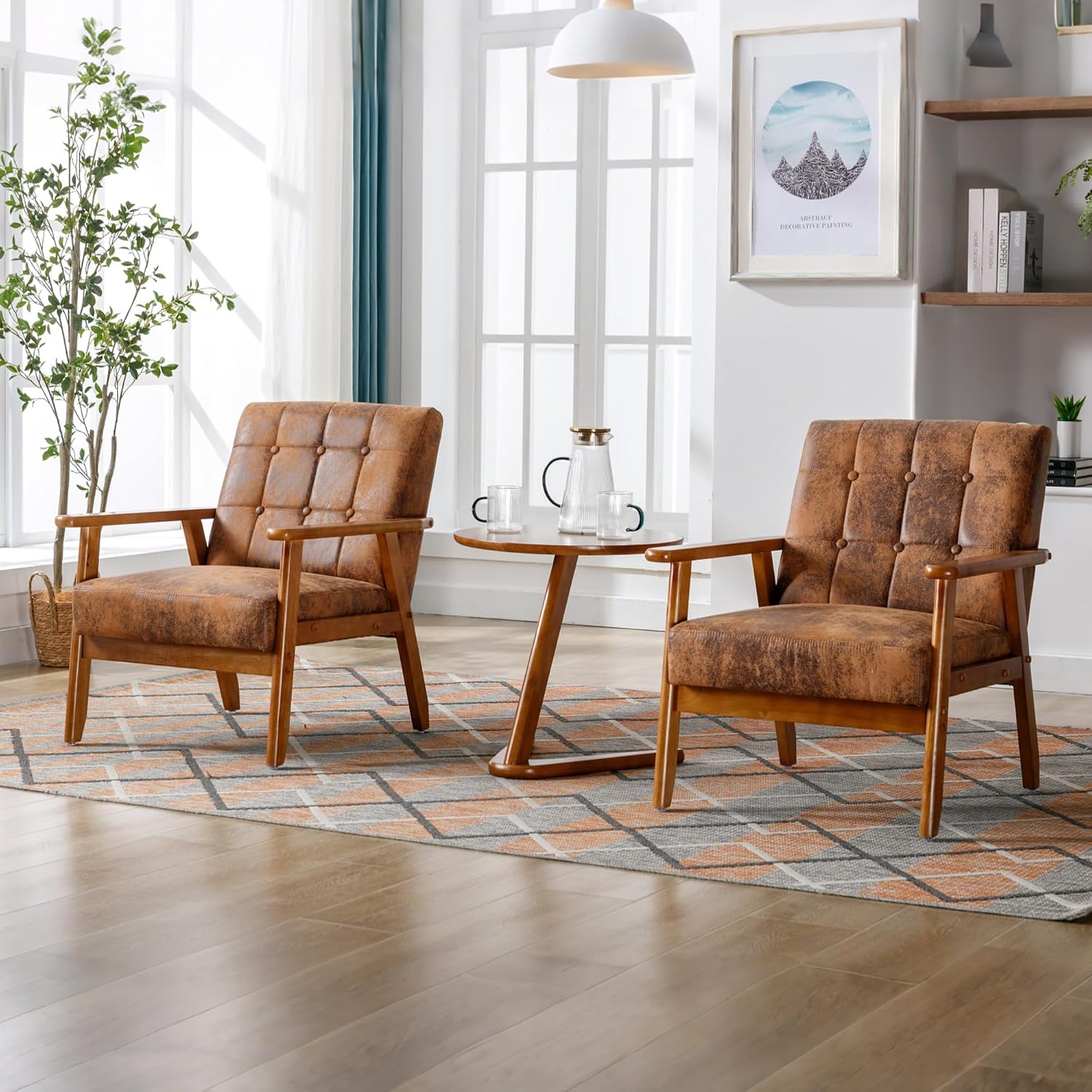 Accent Chair Set of 2, Mid-Century Modern Technical Fabric Armchair with Solid Wood Armrests, Button-Tufted Comfortable Cushioned Reading Chairs for Living Room, Bedroom (Coffee)
