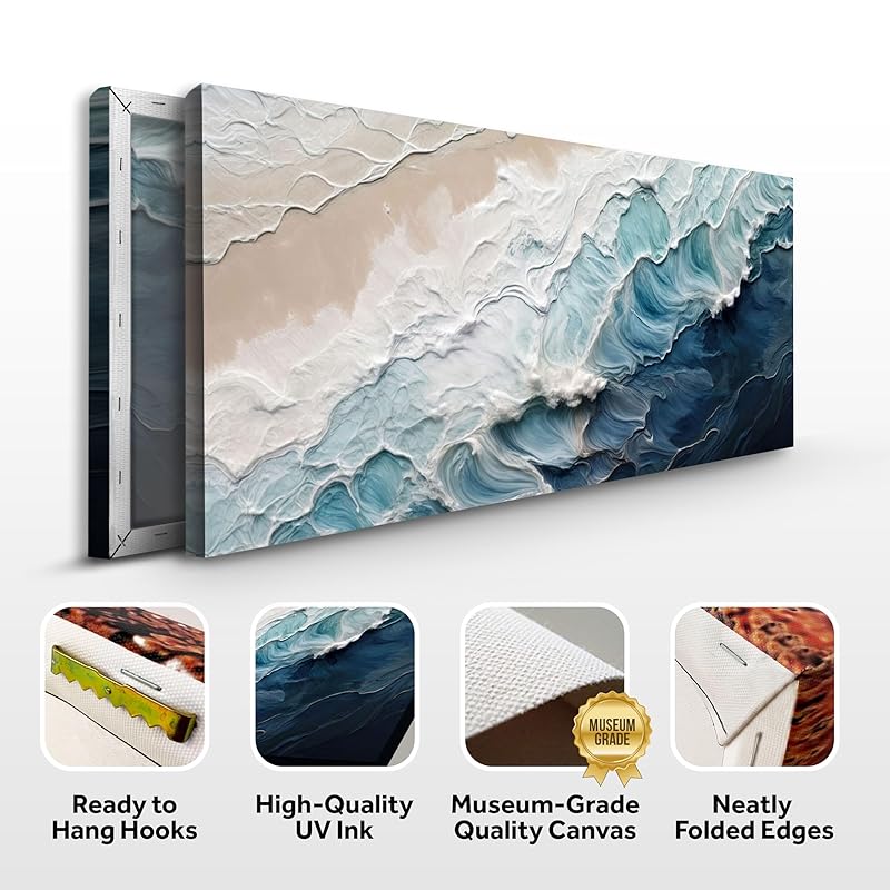 Tailored Canvases Crashing Coastal Waves Impasto Wall Art for Living Room, Abstract Seascape Canvas, Beach Paintings, Wave Artwork, Coastal Ocean Decor, Nautical Blue and White Accent Print 60x30