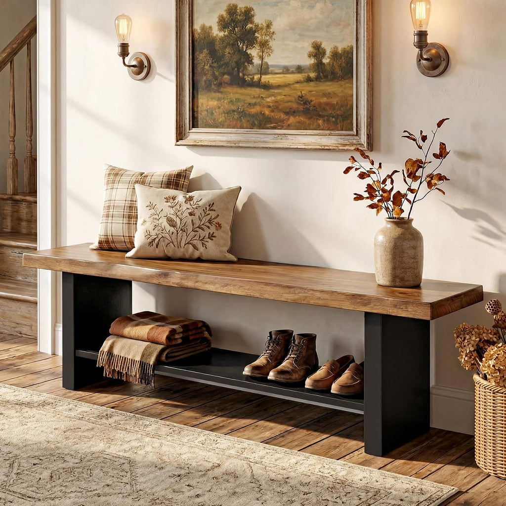 55" Solid Wood Bench with Shoe Storage, 2-Tier Farmhouse Entryway Bench, Narrow Rustic Brown Bench for Bedroom, Hallway