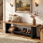 55" Solid Wood Bench with Shoe Storage, 2-Tier Farmhouse Entryway Bench, Narrow Rustic Brown Bench for Bedroom, Hallway