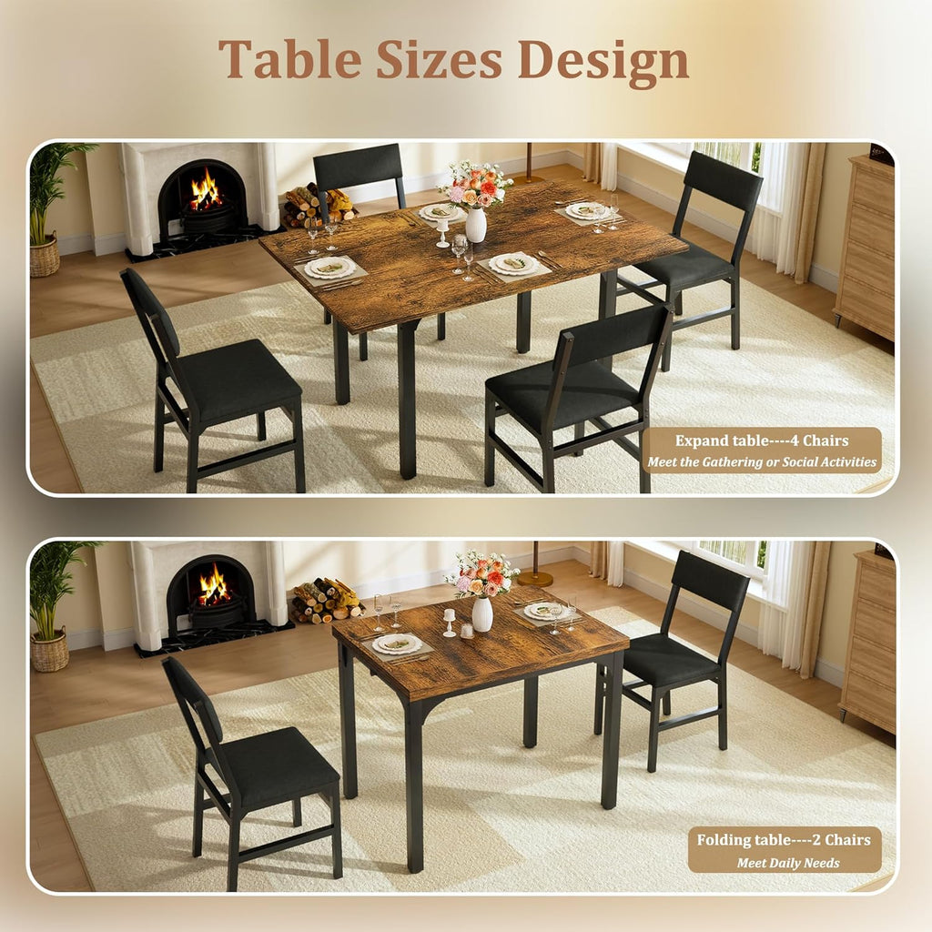 HUAHUU 5-Piece Dining Table Set for 4, Extendable Kitchen Table Set with 4 Upholstered Cushion Chairs, Rectangle Table with Metal Frame & MDF Board, Folding Space-Saving for Small Apartment, Rustic