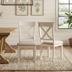 Roundhill Furniture Prato 6-Piece Dining Set, Dining Table with 4 Cross Back Chairs and Bench, Antique White and Distressed Oak Finish