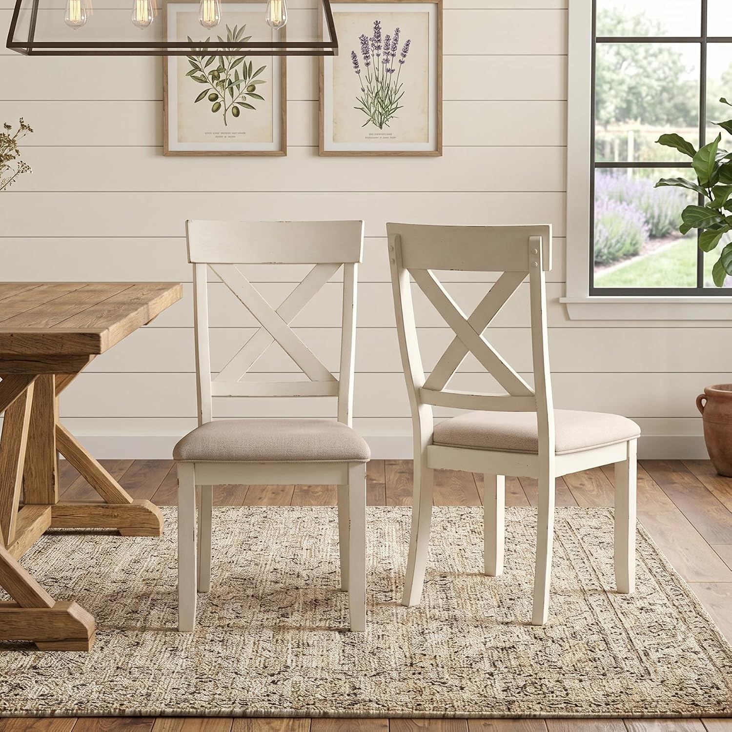 Roundhill Furniture Prato 6-Piece Dining Set, Dining Table with 4 Cross Back Chairs and Bench, Antique White and Distressed Oak Finish
