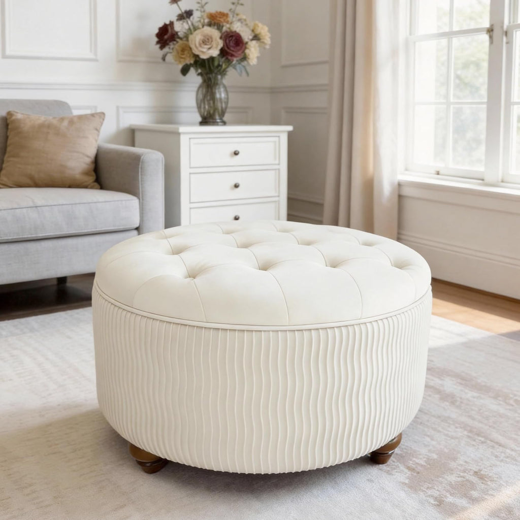 modscape 30 inch Round Storage Ottoman Coffee Table with Lift Off Lid | Modern upholstered ottoman perfect for coffee table, footrest,extra seat. Large hidden storage for living room, bedroom