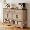 DWVO 47.2" Rattan Buffet Sideboard Cabinet with Storage, Farmhouse Coffee Bar Cabinet w/2 Drawers, 4-Doors Console Table with Adjustable Shelves for Kitchen, Dining Room, Living Room, Entryway (Oak)