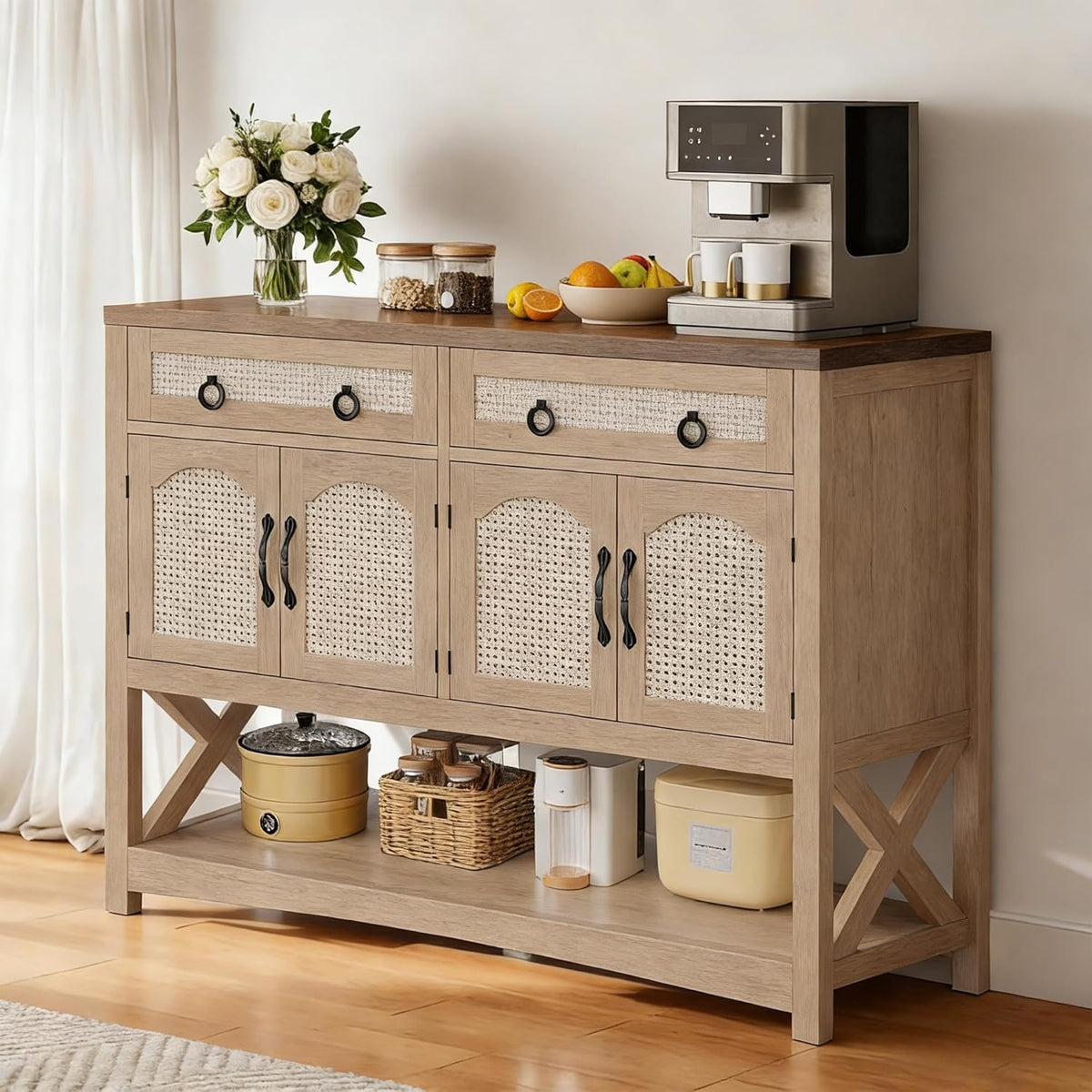 DWVO 47.2" Rattan Buffet Sideboard Cabinet with Storage, Farmhouse Coffee Bar Cabinet w/2 Drawers, 4-Doors Console Table with Adjustable Shelves for Kitchen, Dining Room, Living Room, Entryway (Oak)