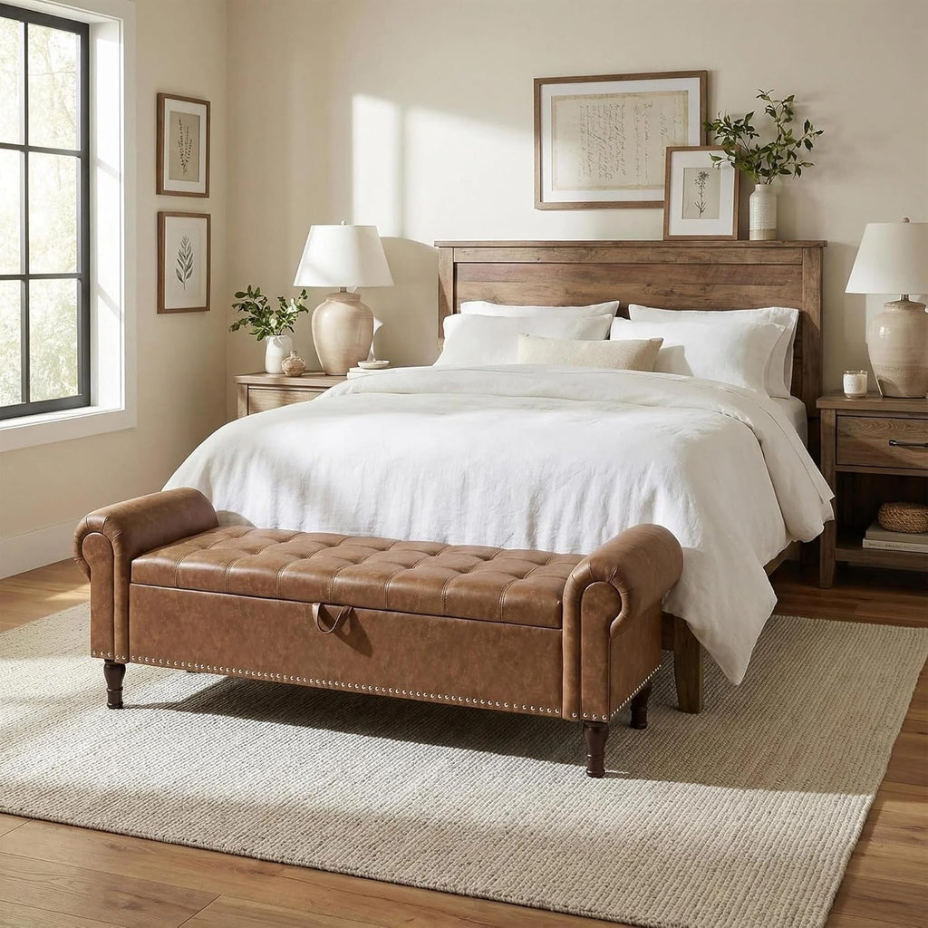 YOUDENOVA 60" Entryway Bench with Storage, PU Leather End of Bed Bench with Tufted Button, Upholstered Ottoman Bench with Rolled Arms for Living Room, Storage Room, Bedroom, Brown