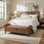 YOUDENOVA 60" Entryway Bench with Storage, PU Leather End of Bed Bench with Tufted Button, Upholstered Ottoman Bench with Rolled Arms for Living Room, Storage Room, Bedroom, Brown