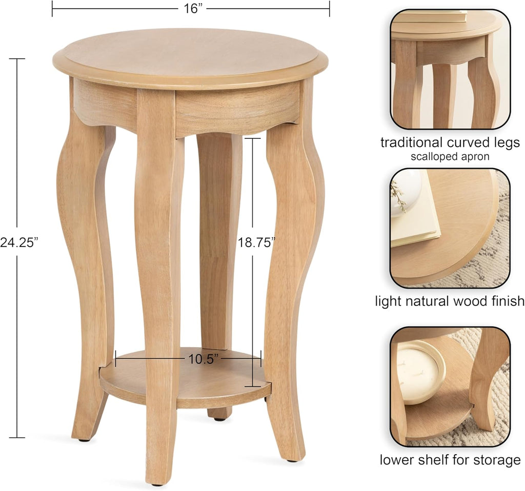 Kate and Laurel Sutherlin Vintage Tiered Round Side Table, 16 x 16 x 25, Light Natural, Traditional Two-Tier Circle Living Room End Table with Storage for Use as Bedroom Nightstand Option