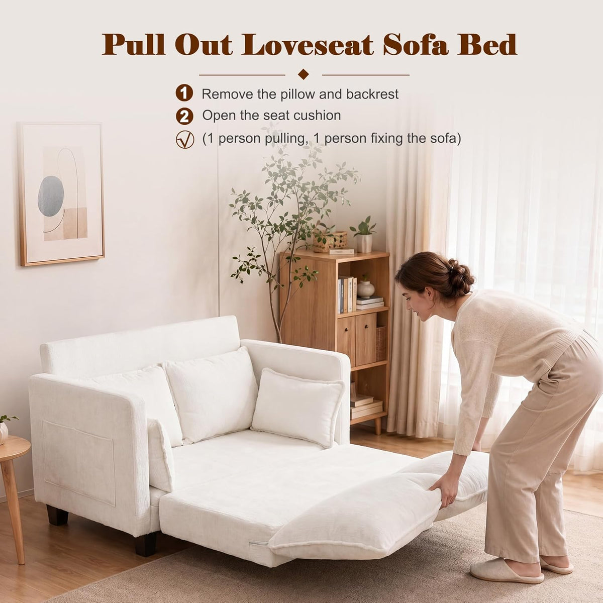 49" Loveseat Sofa Bed, 2 in 1 Convertible Small Sofa Pull Out Couch Bed Chenille Deep 2 Seat Sleeper Twin XL Futon Mattress for Small Spaces Living Room Bedroom Apartment Office, Beige