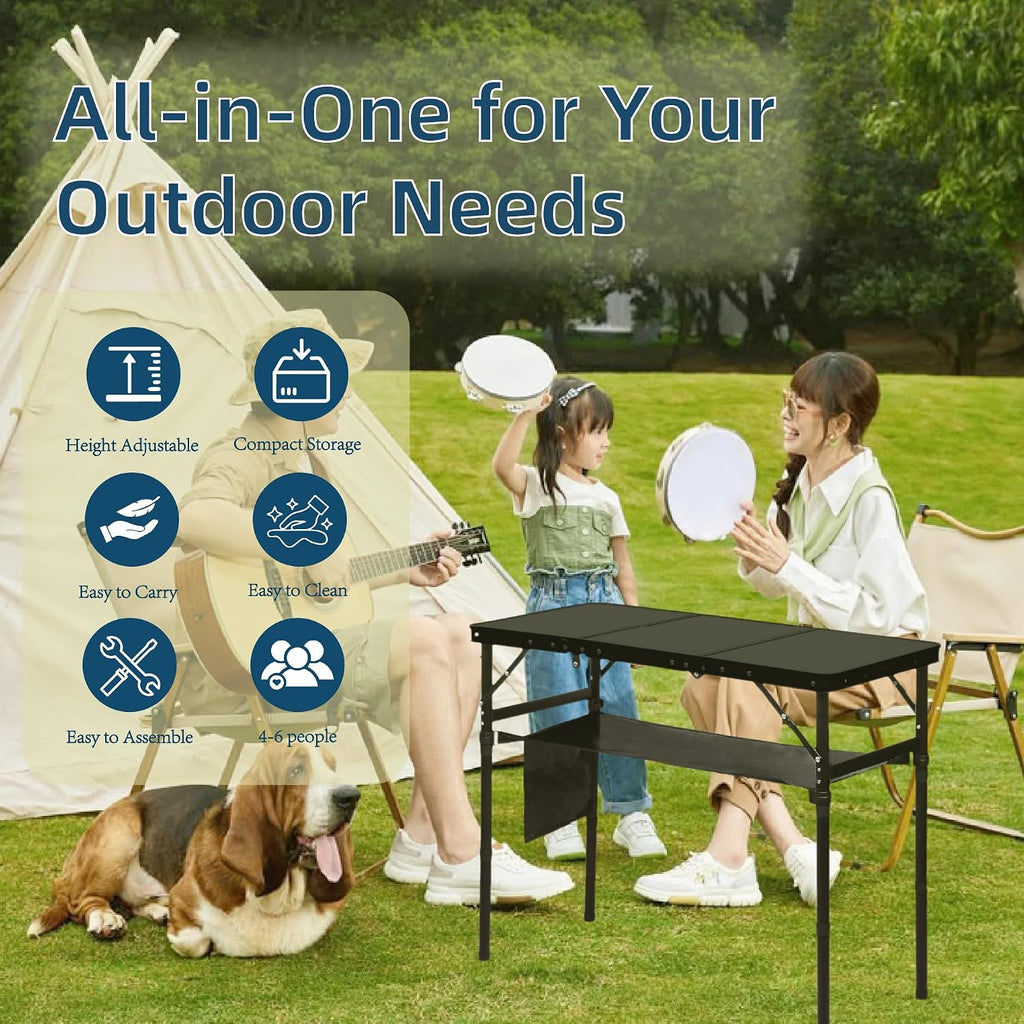 LOFTEY 3 ft Folding Camping Table, Portable Camp Table, Adjustable Height | 3 Height Settings up to 27.5", 70 lb Capacity, Compact Tri-Fold, Lightweight with Carry Bag, Mesh Pocket and Hooks