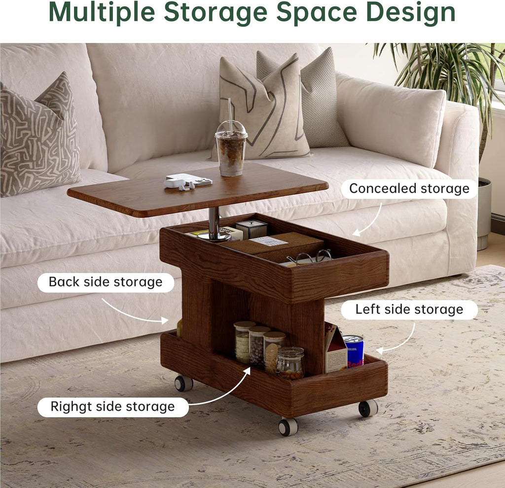 100% Solid Wood Lift Top End Table with Swivel Top, Sofa Couch Table with Wheels, Small Bedside Table for Living Room, Recliner and Small Places(Walnut, Fully Assembled Furniture)