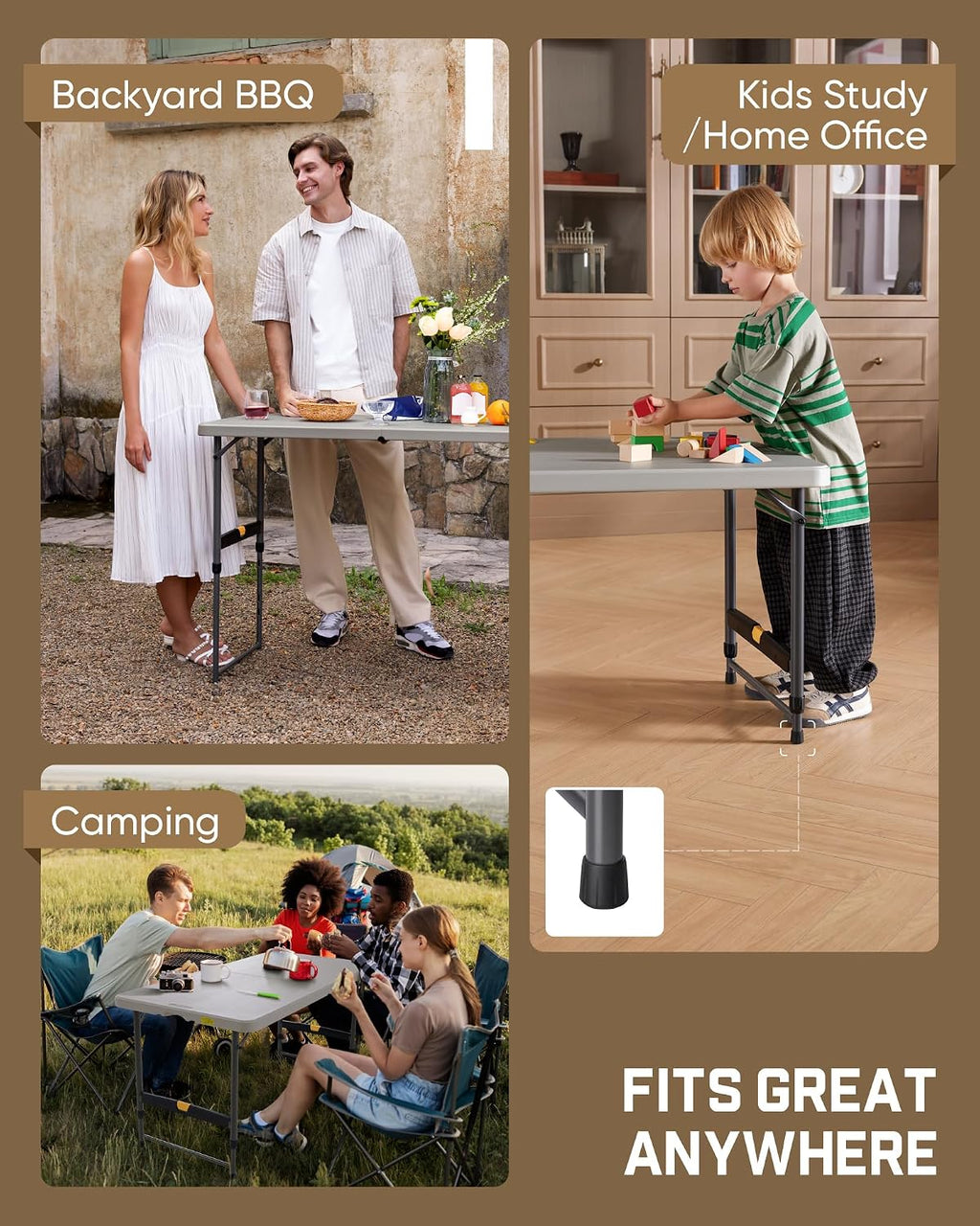 FanttikOutdoor Folding Table 4 Foot Quick Adjust Portable Plastic 4 Heights | Effortless Adjustable Height Small Card Table, Fixing Lock Indoor Outdoor Use for Party Camping, 1 Pack Grey Zeta X4 Pro