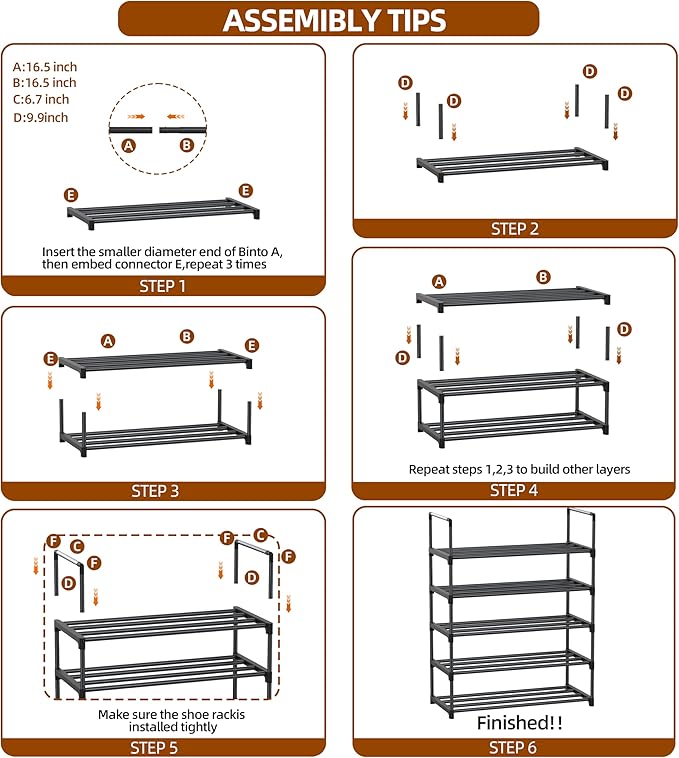 Metal Shoe Rack - 5-Tier Shoe Organizer with Adjustable Shelf Height, Sturdy Shoe Storage Shelf, Perfect for Front Door Entrance, Closet & Entryway, Easy to Assemble, DIY Layering Options (L - 5 Tier)