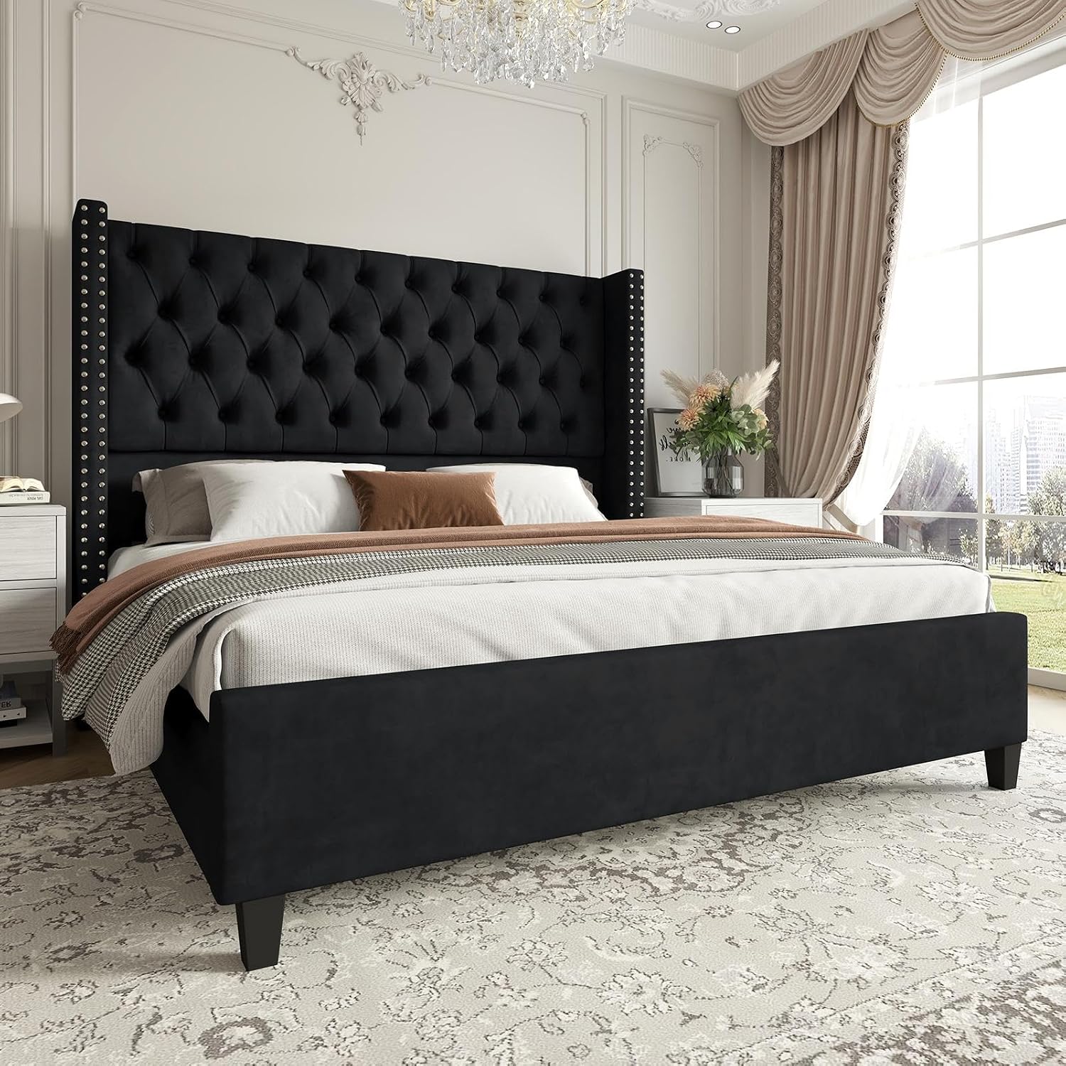 Jocisland King Size Bed Frame with 51.6" Velvet Wingback Headboard, Black