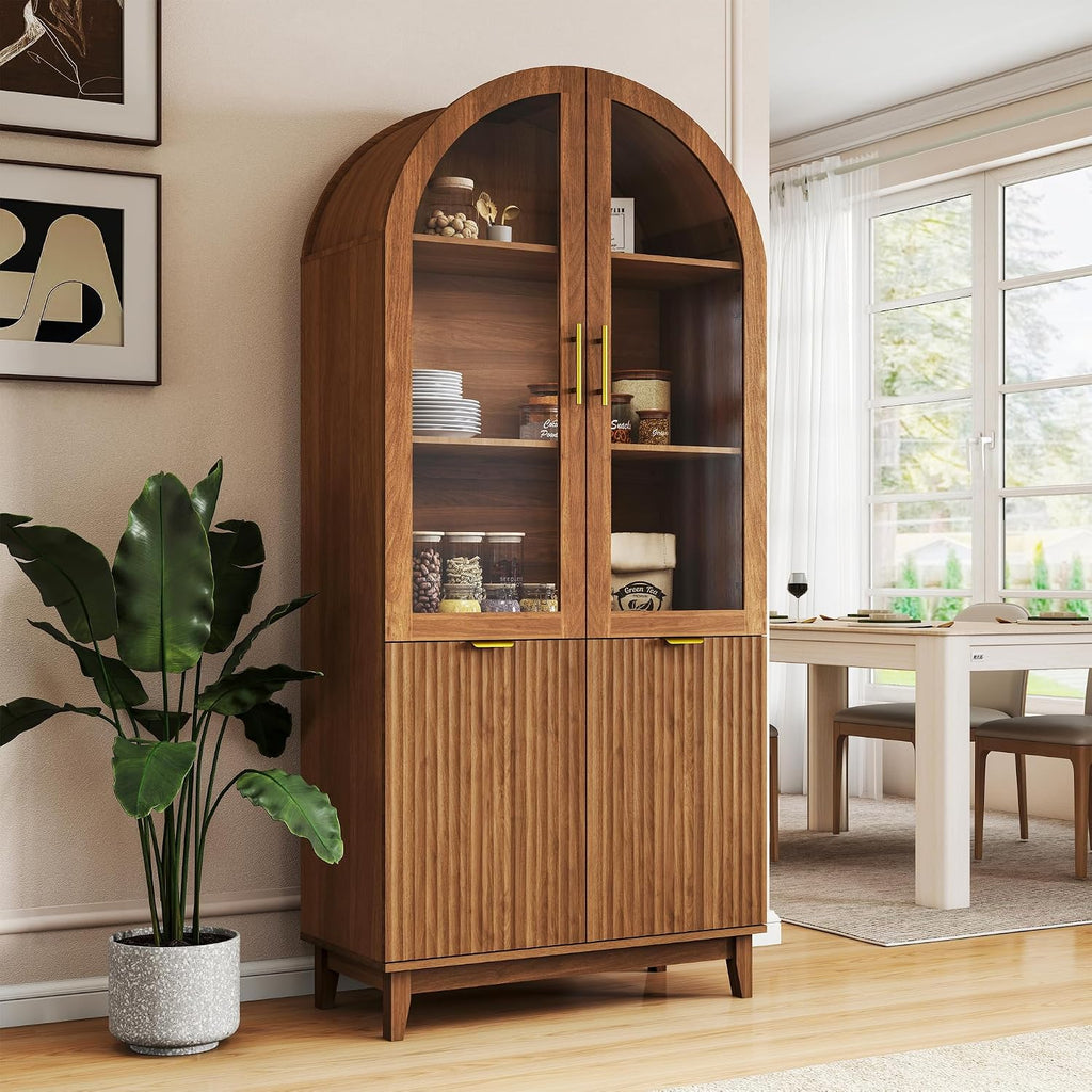 Pamapic 71" Tall Arched Cabinet, Fluted Kitchen Pantry with Glass Doors & Adjustable Shelves, Arch Storage Cabinet, Wooden Pantry for Dining Room, Living Room (Walnut)