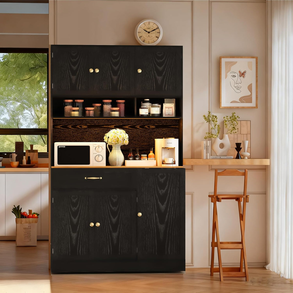 FJTJBSI 72" Kitchen Pantry Cabinet with LED Light and Charging Station Tall Pantry Storage Cabinet with Adjustable Shelves and Door Shelves Modern Kitchen Hutch with Countertop Black