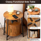 DHH Round End Tables with Charging Station, Fluted Accent Side Table with Sliding Door, Mid-Century Modern Nightstand for Small Space Storage, Living Room, Bedroom,Sofa Couch(Yellow)