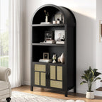 RoyalCraft Tall Arched Storage Cabinet with Rattan Door, 5-Tier Arched Kitchen Pantry with Adjustable Shelves, Black Bookshelf Bookcase Curio Display Cabinet Cupboard for Kitchen, Living Room