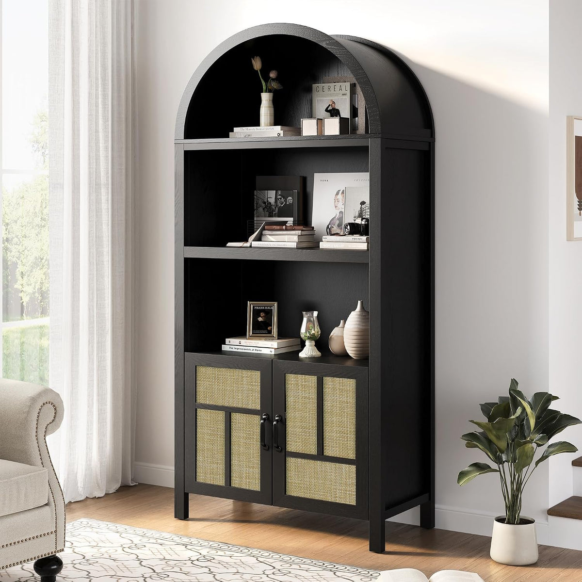 RoyalCraft Tall Arched Storage Cabinet with Rattan Door, 5-Tier Arched Kitchen Pantry with Adjustable Shelves, Black Bookshelf Bookcase Curio Display Cabinet Cupboard for Kitchen, Living Room