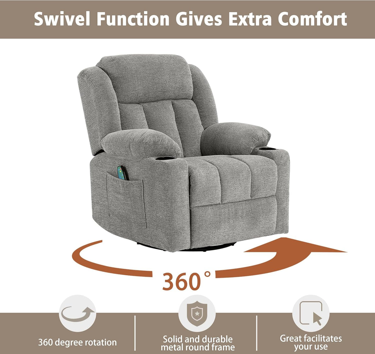 Ketaiyou Rocker Swivel Recliner Chair for Adults, Overstuffed Large Manual Recliner Glider with Massage and Heat, Comfy Soft Fabric Living Room Reclining Sofa Chair (Lime Gray1)