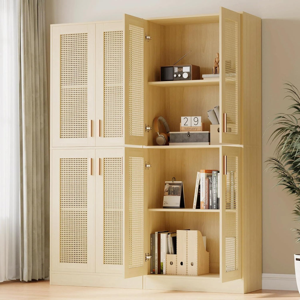 Cozy Castle Kitchen Pantry Cabinet, 71" Tall Rattan Doors Storage Cabinet and Adjustable Shelves, Modern Farmhouse Wood Cupboard Utility Hutch for Kitchen, Dining Room, Living Room (Oak)