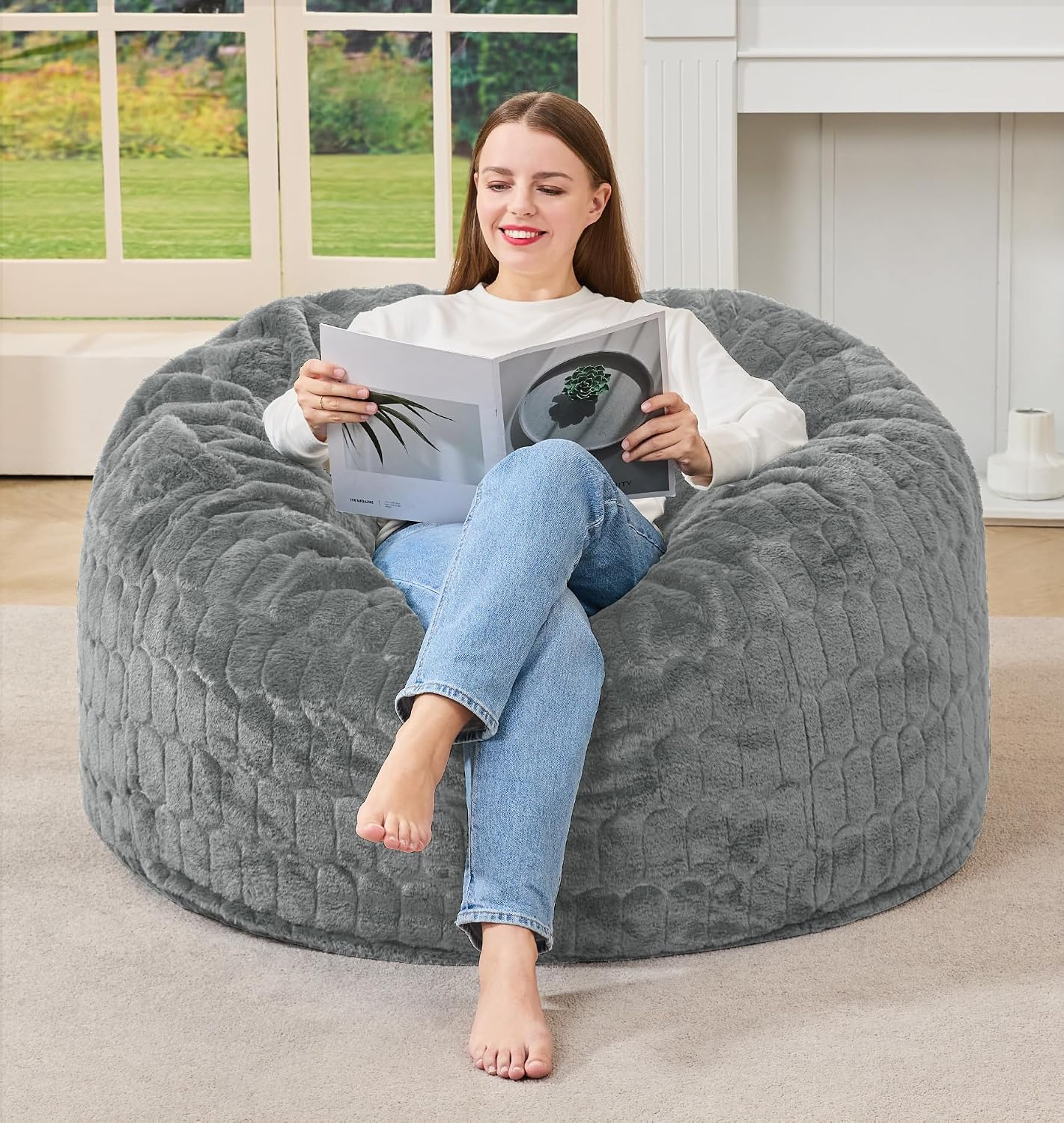 Hobestluk Large Bean Bag Chairs 3FT Big Adults BeanBag Chairs Plush Cover | Memory Foam,Washable Cover,Unique Fluffy Plush,Comfy Filled Adults Bean Bag Gaming Reading Bedroom Dorm Room | Light Grey 3FT