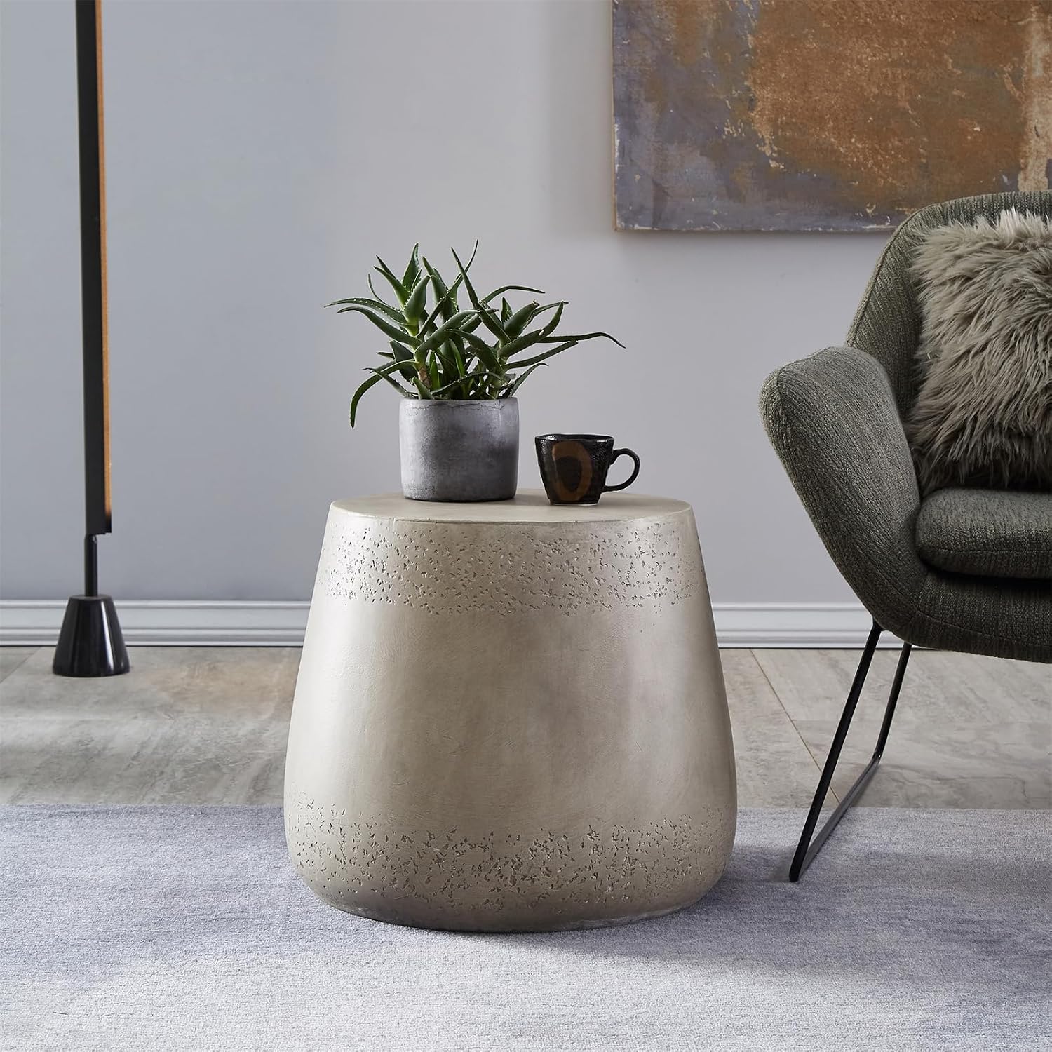 Modern Unique Design Side Table Indoor Outdoor Accent Table,Weatherproof Magnesium Oxide End Table for Living Room Bedroom Night Stand Bedside Table,No Need Assembly (Gray, 19''Lx19''Wx16.3''H)