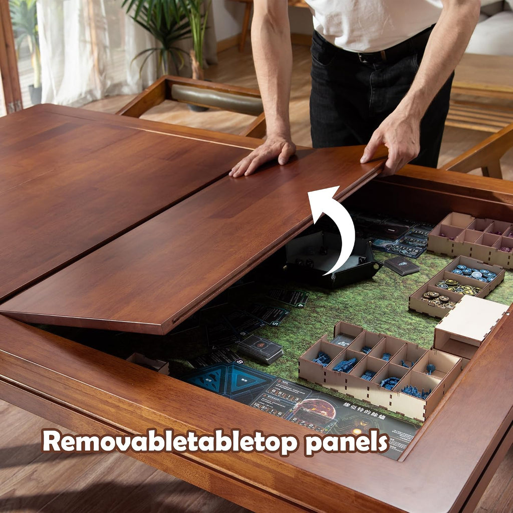 Solid Wood Board Game Table with Removable Table Top for 4–6 Players,Gaming Table and Dining Includes Play Mat and Detachable Cup Holders with 55" x 31" Play Area (Cherry)