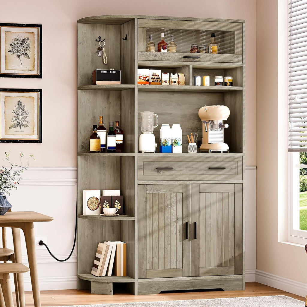 YITAHOME Kitchen Pantry Storage Cabinet, 67" Tall Kitchen Hutch with Outlet & Door & Shelves & Drawer, Farmhouse Wooden Microwave Stand Buffet Coffee Bar for Home Living Dining Room, Antique Gray