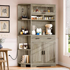 YITAHOME Kitchen Pantry Storage Cabinet, 67" Tall Kitchen Hutch with Outlet & Door & Shelves & Drawer, Farmhouse Wooden Microwave Stand Buffet Coffee Bar for Home Living Dining Room, Antique Gray