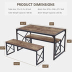 VECELO Kitchen Dining Table Set for 4 to 6, 55" Wood Dinette 2 Benches with Metal Frame for Dinner Breakfast Nook and Small Space, Grey