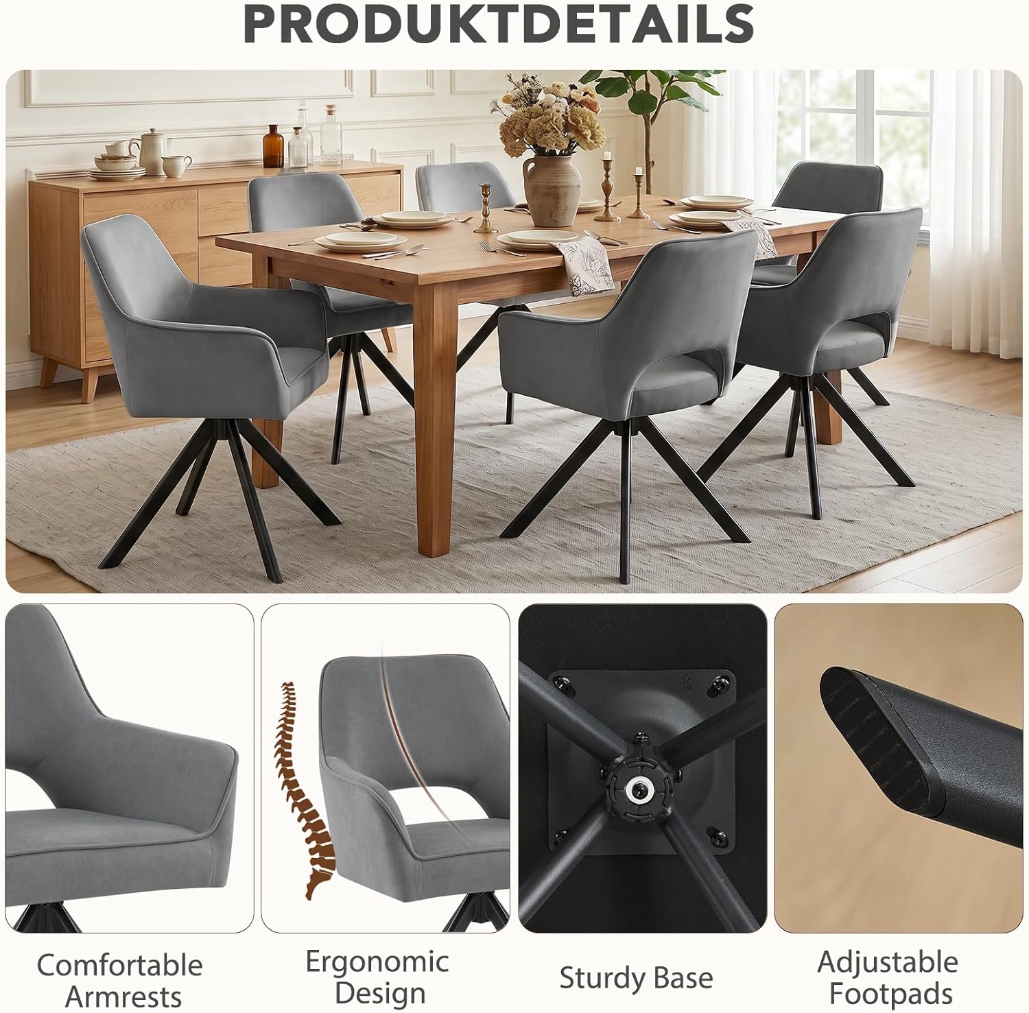 Furniliving Modern Swivel Dining Chairs Set of 2, Upholstered Chenille Dining Room Chairs with Thicken Cushion, 360° Rotating Kitchen Chairs with Metal Legs for Dining Room