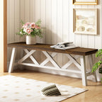 Wnutrees 54" Farmhouse Wood Bench, Rustic Solid Wood Entryway Bench Seat with Double X-Structure for Dining Area Living Room Hallway, Structural Stability, White