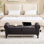 51" Storage Bench for Bedroom, Faux Leather End of Bed Bench, Queen Size Bench with Rolled Arms, Tufted Storage Ottoman Benches, Upholstered Bench for Bedroom, Living Room, Entryway, Dark Brown