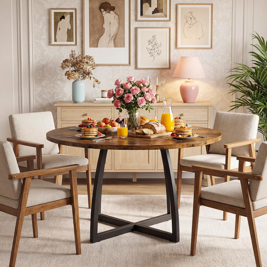 CHOEZON 47.2-Inch Round Dining Table for 4, Kitchen Dining Room Circle Dinner Pedestal Table, Farmhouse Kitchen Table with Retro Brown Tabletop, Curved Black Metal Legs, Easy Assembly TCZ13BFC1