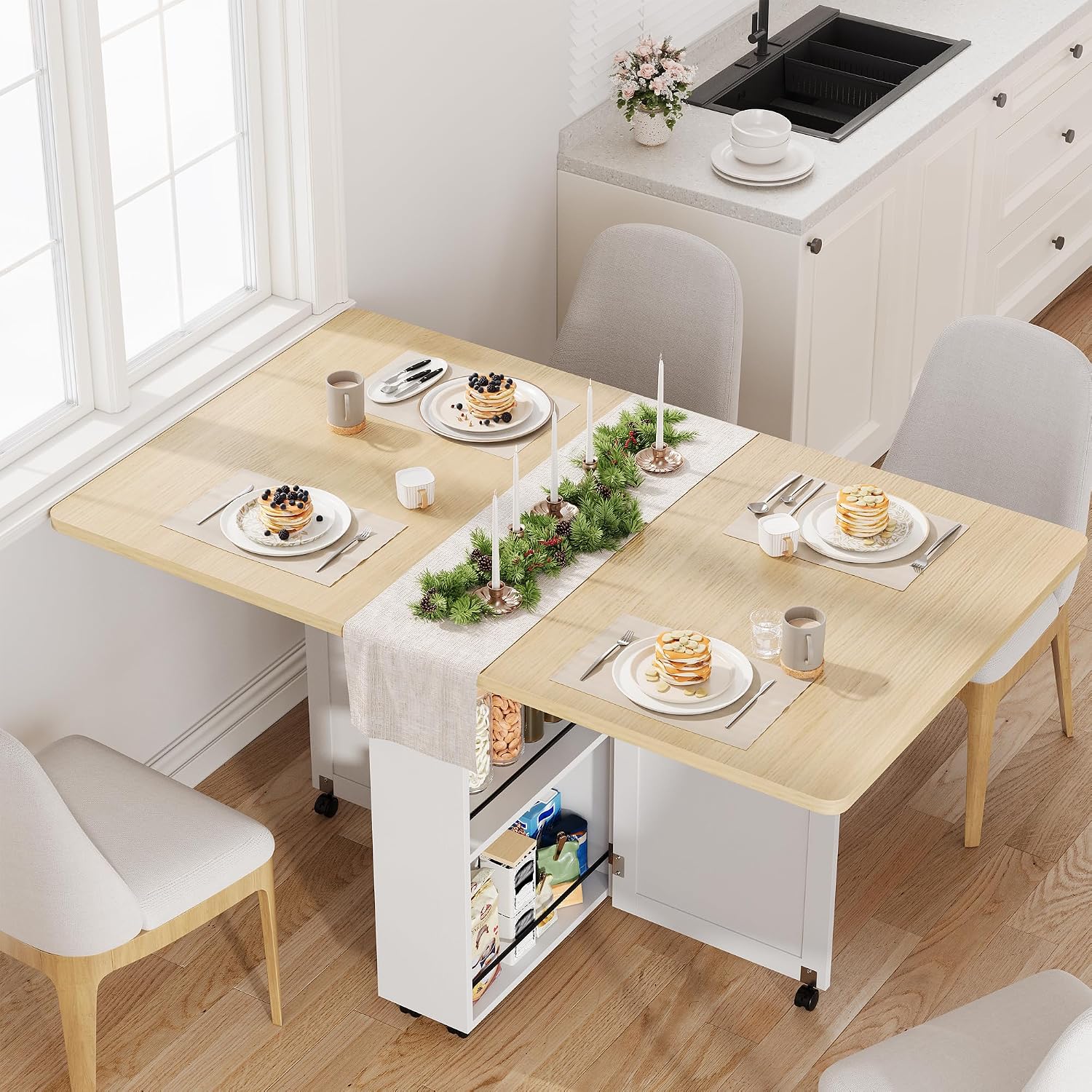 Garvee Folding Dining Table with Storage, Folding Kitchen Table with 6 Wheels, Drawer & Shelves, Compact Dining Table for Small Spaces