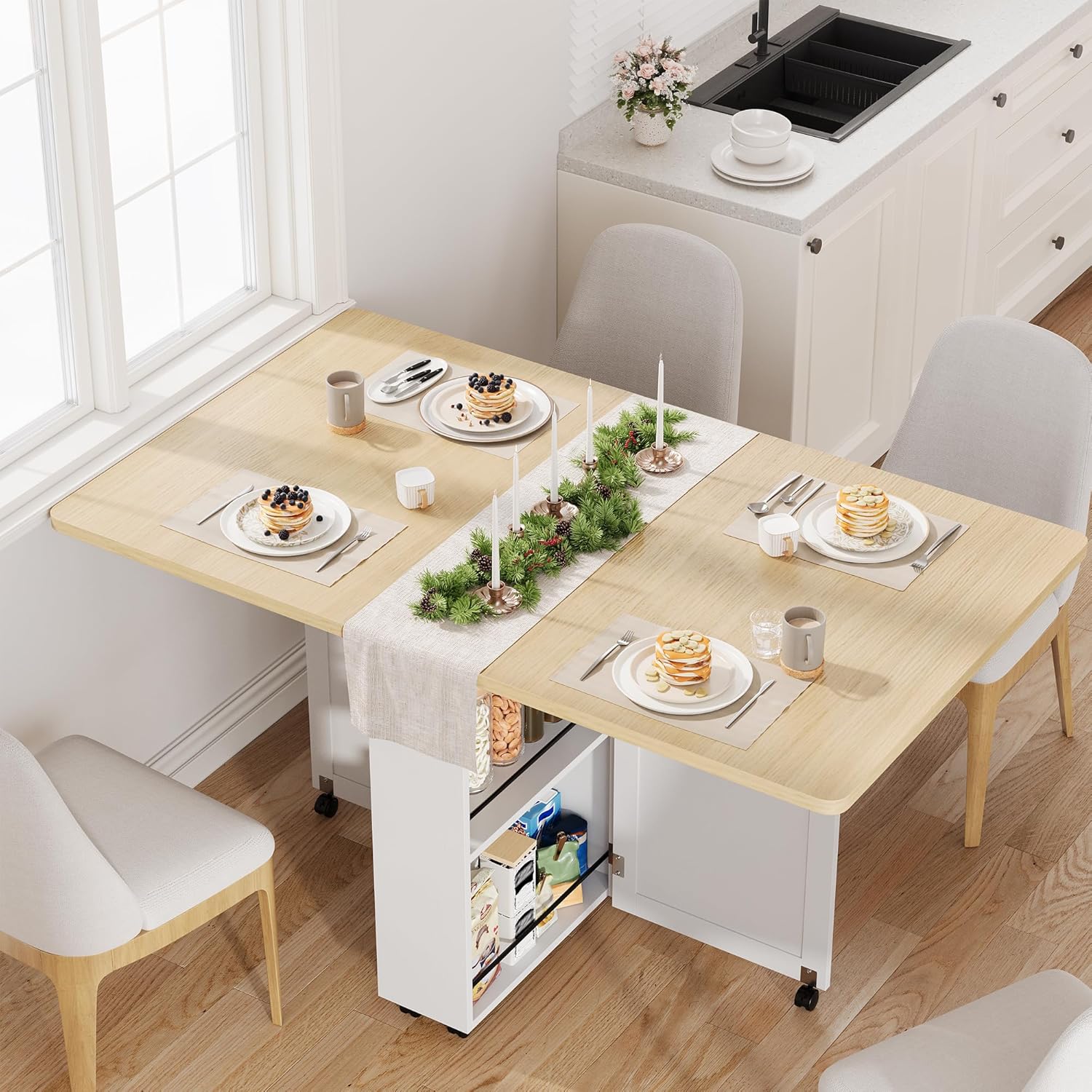 IDEALHOUSE Folding Dining Table, Folding Kitchen Table with Drawers and Storage, Apartments, Small Spaces, White