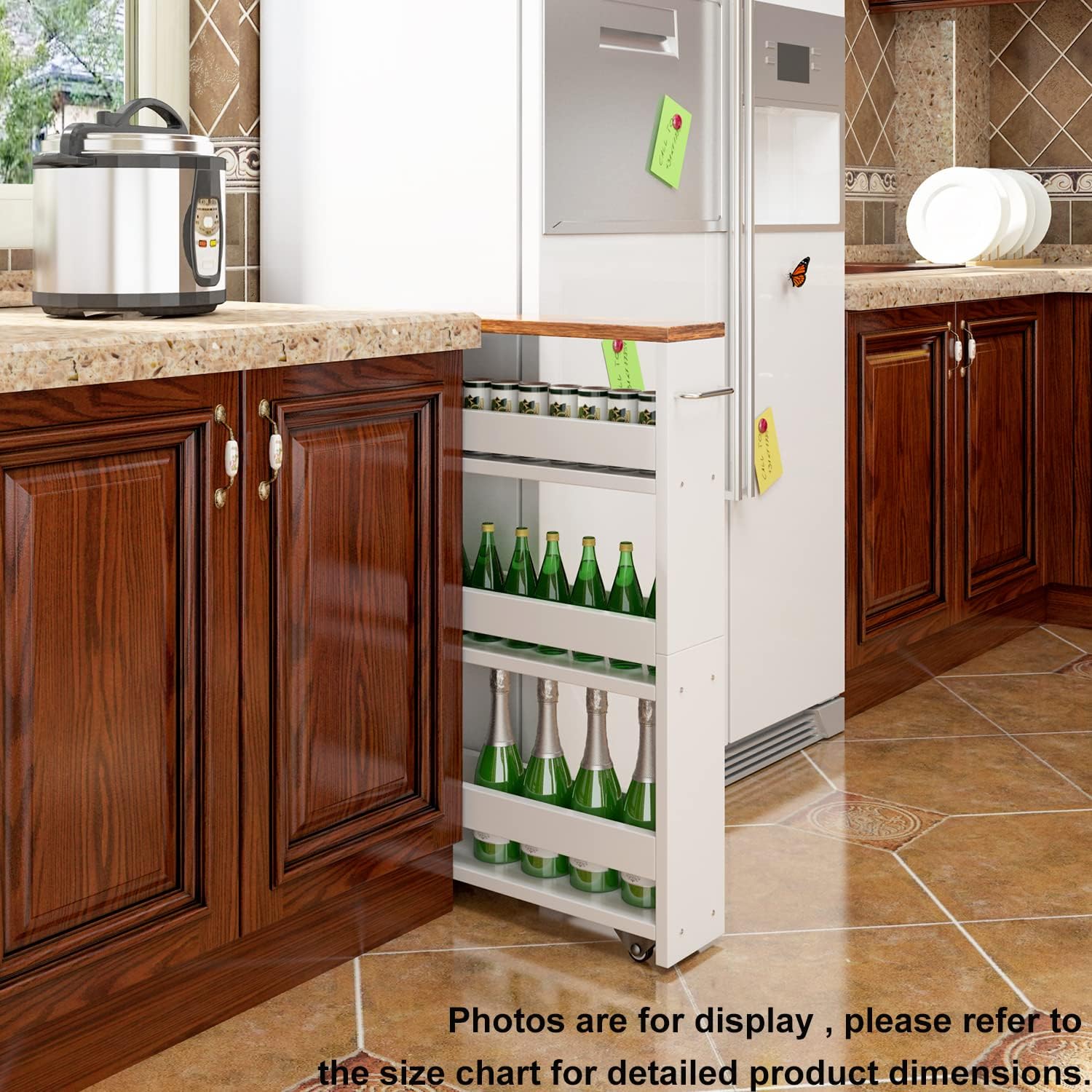 TEAMIX Slim Rolling Storage Cart, Wood 4-Tier Narrow Kitchen/Laundry Cart | 5.5"W Thin Cabinet with Wheels and Handle, Use as Spice Rack Next to Fridge, Laundry Room Organization Between Washer & Dryer