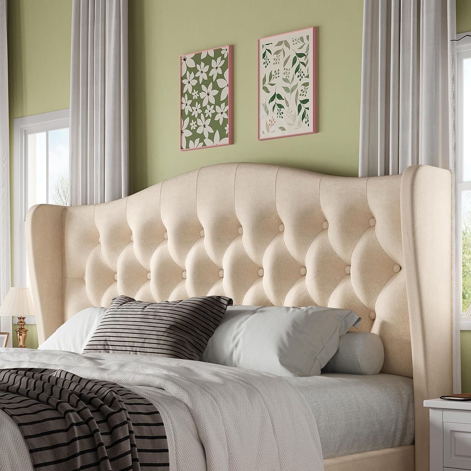 HOMBCK King Bed Frame with 49" Headboard, Velvet Upholstere King Size Bed Frame with Button Tufted Wingback Design, Traditional Retro Style, Low Profile, Strong Structure, No Box Spring Needed, Beige