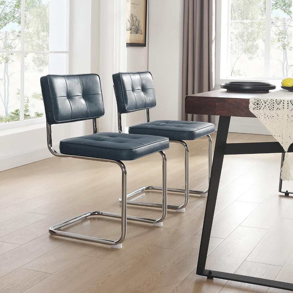 ONEVOG Retro Kitchen & Dining Chairs Set of 2, Mid Century Modern Dining Seat 19.3" with Faux Leather Cushion Back, Cantilever Chrome Metal Legs, Upholstered Armless Chair for Small Living Room, Blue