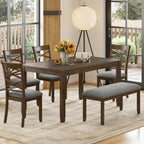 Zevemomo 6-Piece Solid Wood Dining Table Set, Includes 1 Dining Table, 4 Upholstered Chairs and 1 Bench, Wooden Legs Dining Table Set for Dining Room, Kitchen, Restaurant, Walnut