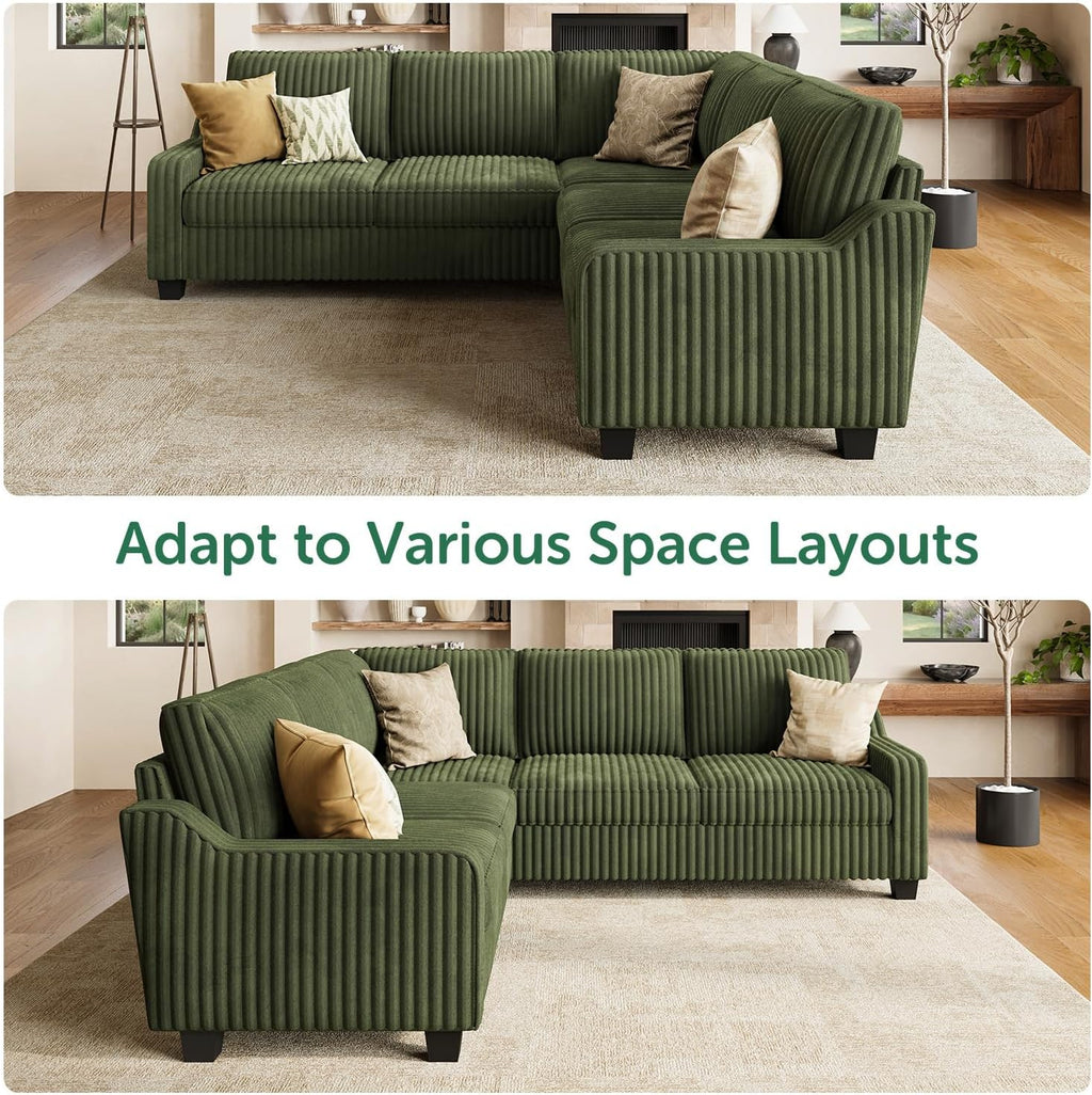 HONBAY Corduroy Convertible Sectional Sofa L Shaped Corner Couch,Green | Compact Sofa,Reversible Sectional Couches for Living Room,Wide Corduroy Fabric,Easy to transport and install