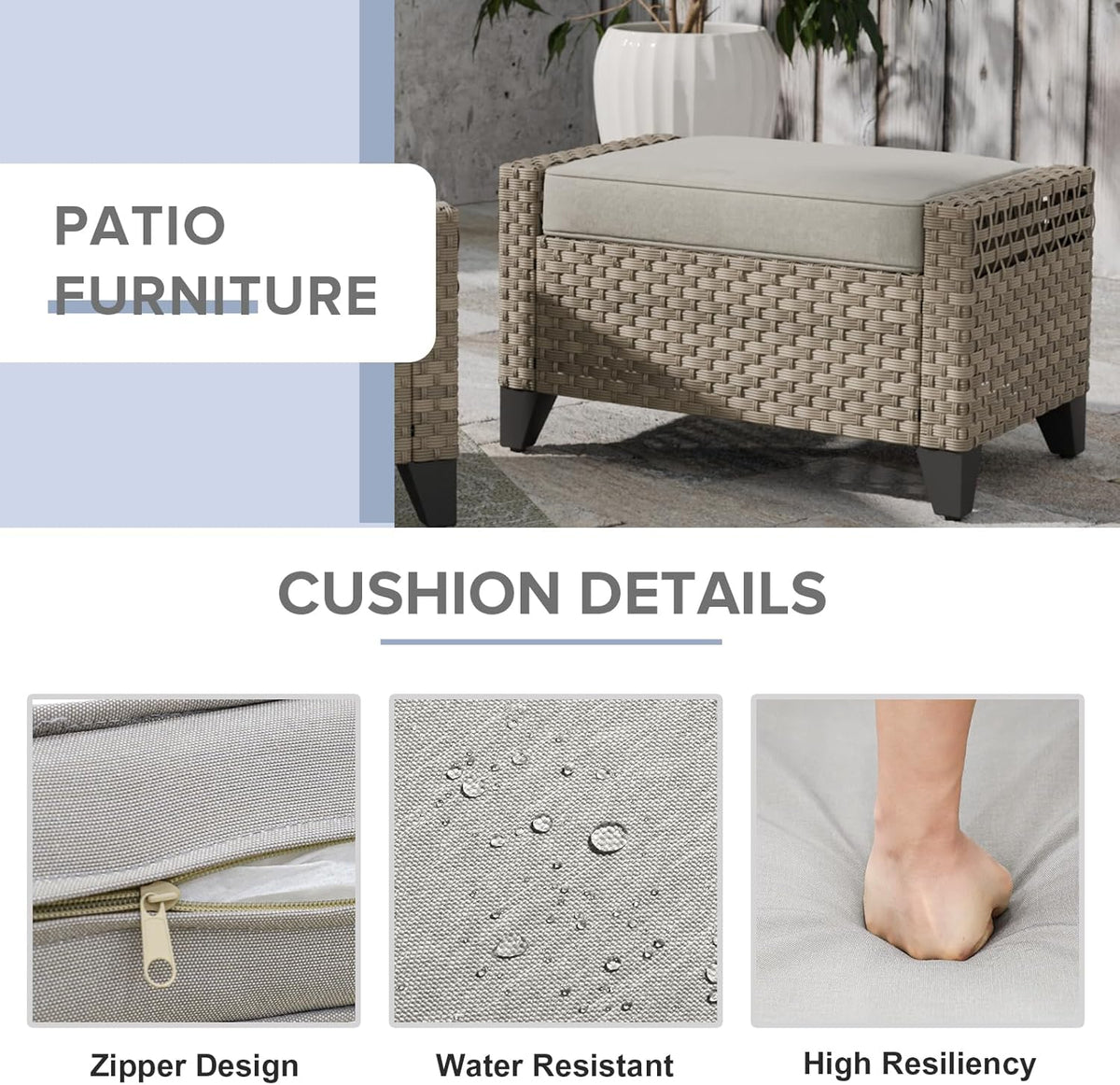 COOS BAY Modern 2 Piece Wicker Outdoor Ottomans, Patio Ottoman Foot Rest Set for Couch with Removable Cushions, 29.1" W x 18.1" D x 17.3" H, Brown/Gray